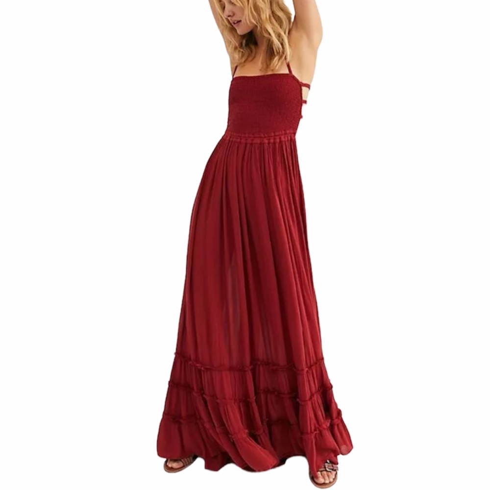 Free People- NWT Extratropical Smocked Halter Top Open Back Garnet Maxi Dress